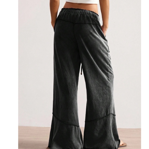 Solid Black Mineral Wash Stretchy Waist Flower Patch Wide Leg Pants - Picture 5 of 8